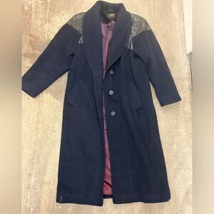 Vintage Luba paris navy virgin wool maxi pearl coat with leather accents